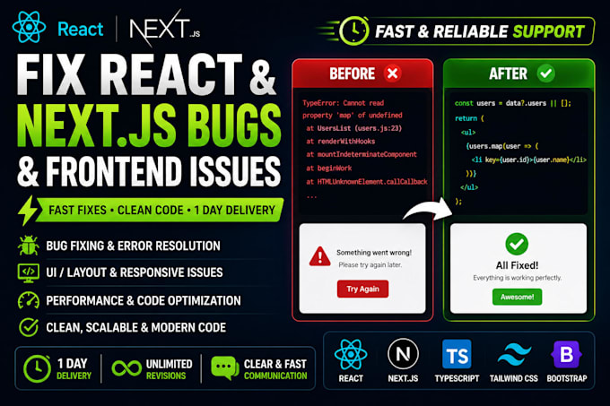 fix react next js bugs and frontend issues