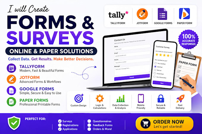 create professional surveys, quizzes and forms using jotform, google, tally form