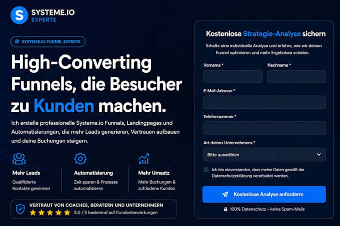 audit, optimize systeme io funnel landing page, forms, dropdown, lead generation