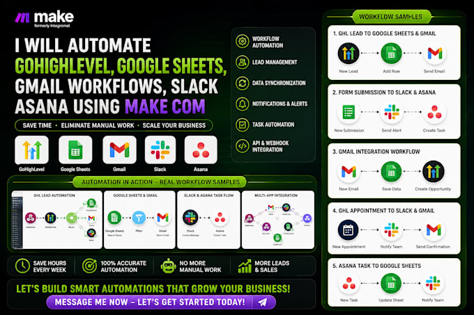 automate gohighlevel, google sheets, gmail workflows, slack asana using make com
