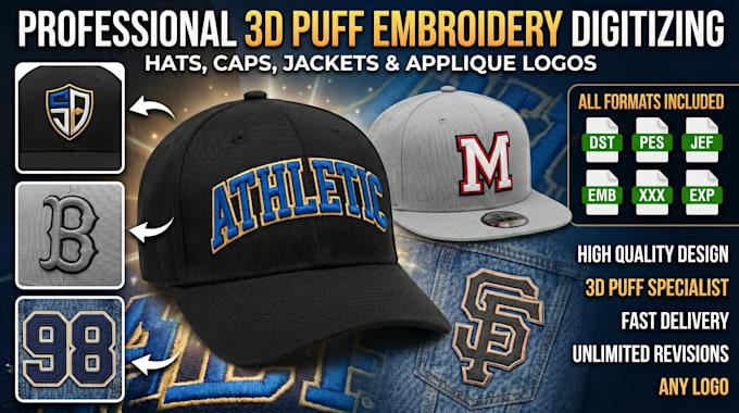 do 3d puff embroidery digitizing hat cap logo dst pes jef jacket applique