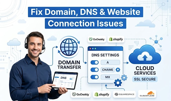 fix domain issues, transfer domains, dns setup, connect shopify, godaddy