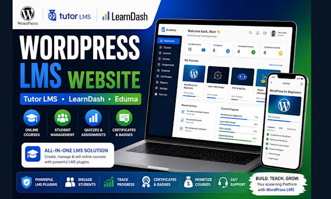 develop wordpress lms,tutor lms,tutor lms pro,lms website, learndash,eduma theme