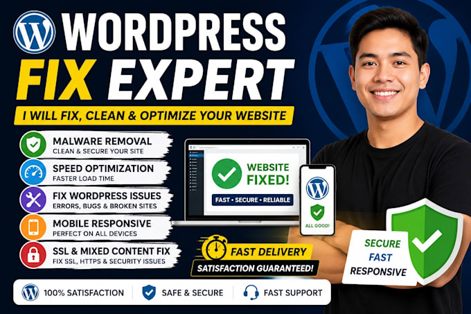 fix wordpress issues, malware, and mobile responsiveness