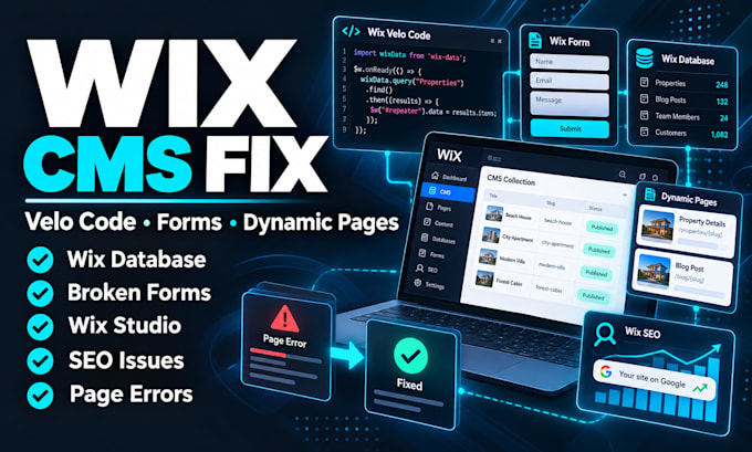 fix wix velo code wix forms cms dynamic pages wix database wix studio wix seo