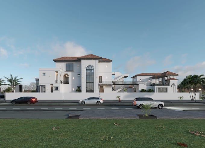 cgi estate property render,mansion exterior,3d villa,rooftop terrace, courtyard