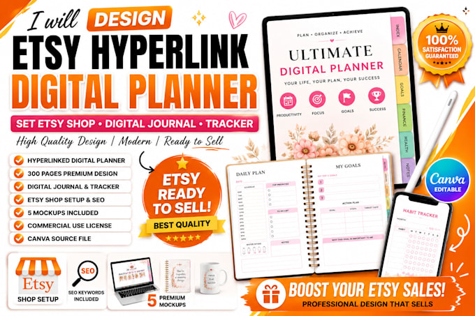 design etsy digital planner, etsy digital product, hyperlinked journal, etsy SEO