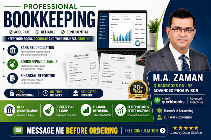 do quickbooks bookkeeping, bank reconciliation, cleanup, and financial reporting