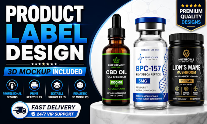 design peptide vial, supplement, cbd product label with 3d mockup