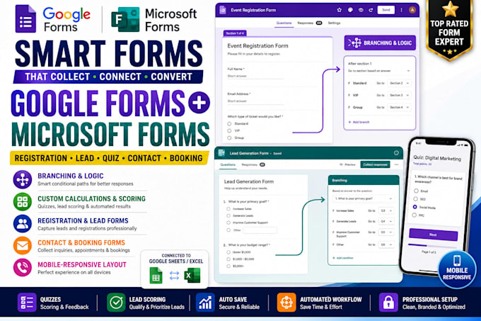 design google forms and microsoft forms for registration, lead and quizzes