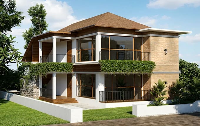 replan contemporary facade cgi, pool deck rendering resort style villa,3d visual