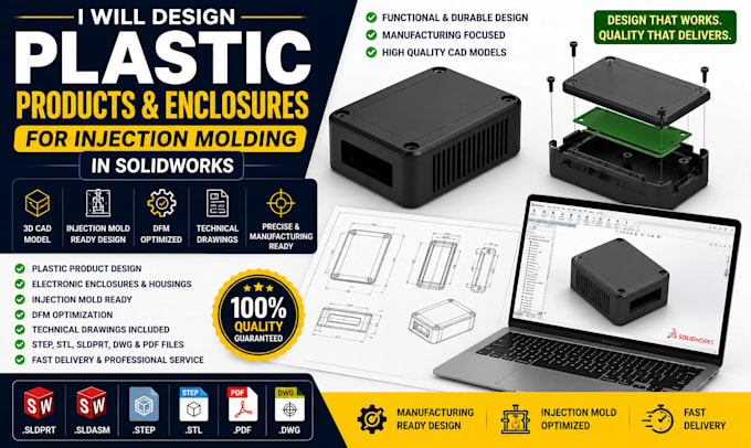 design 3d cad model, plastic enclosures, products, injection mold in solidworks
