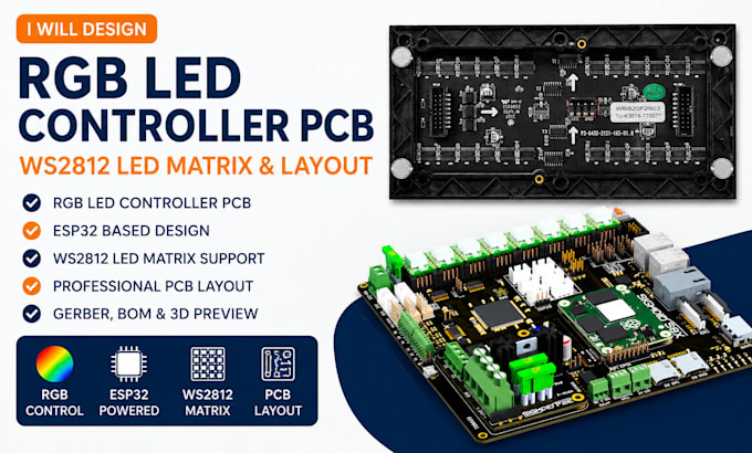 design rgb led controller pcb, esp32, ws2812 led matrix and layout