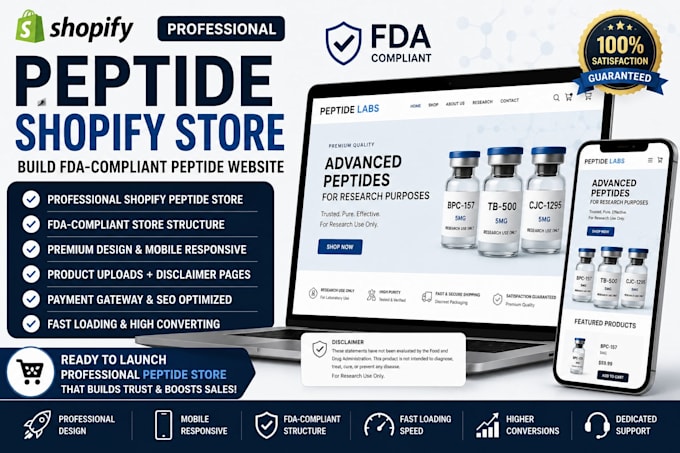 create shopify peptide store, build shopify peptide website, fda complaint store