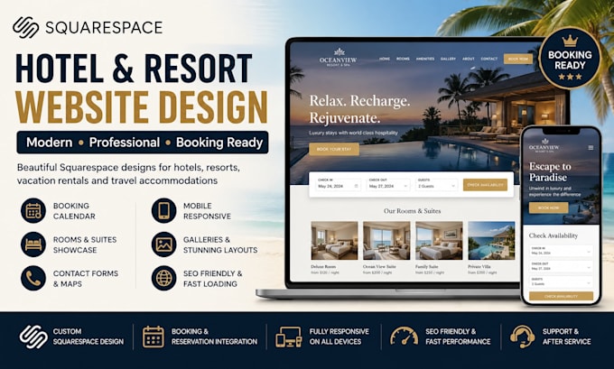squarespace hotel website resort website booking calendar travel accommodation