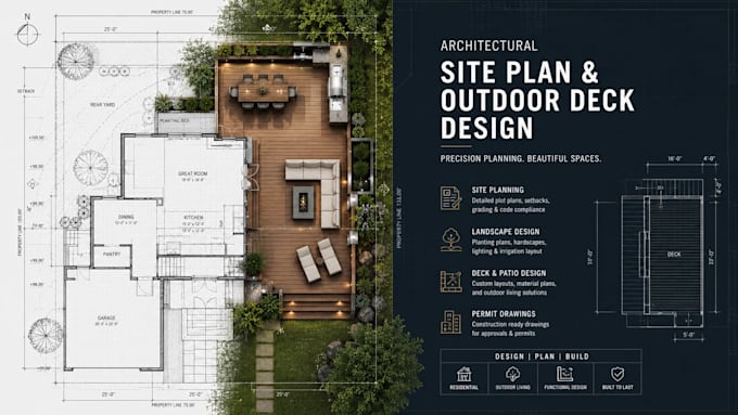 design architectural site plan, deck patio, and permit drawing set
