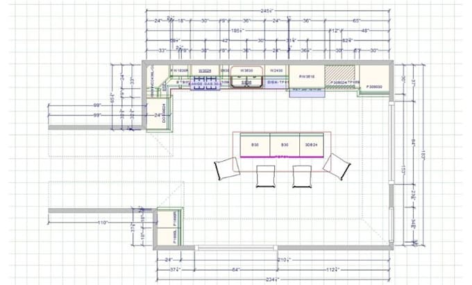 create 2d kitchen cabinet layout, custom kitchen design, elevations and plans