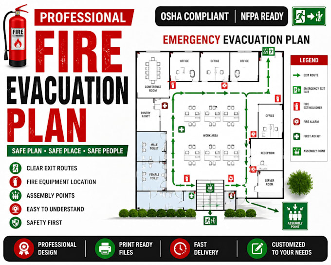 design fire emergency evacuation plan, map and diagram