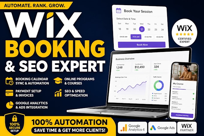 build wix booking calendar wix online programs setup wix SEO analytics website