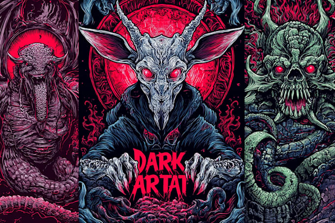 create detailed dark art illustrations for bands and merch