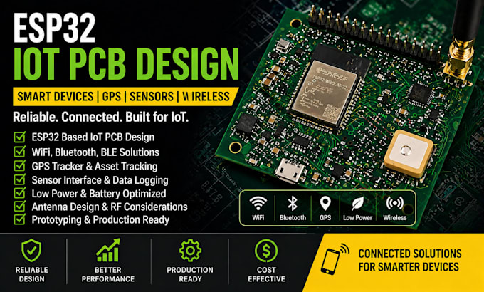 design esp32 iot pcb for smart devices, gps tracker, sensors and wireless system