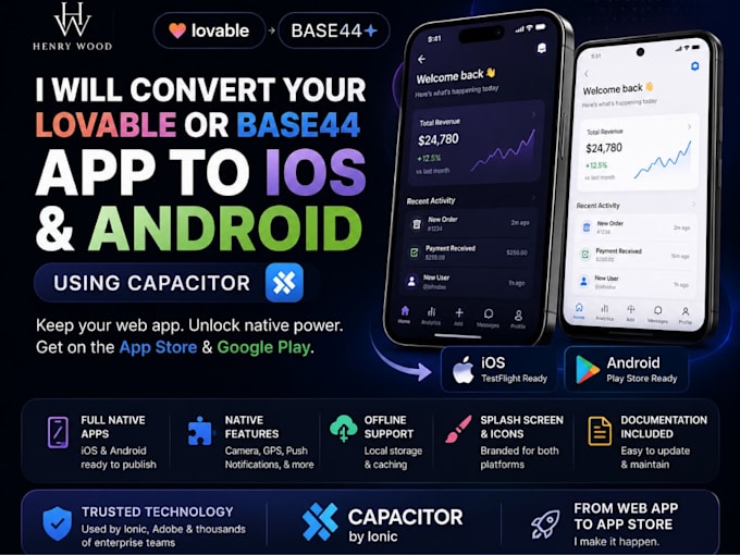 fix or convert lovable or base44 to ios, android using capacitor rocket new app