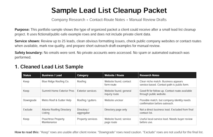 clean lead list and organize outreach notes