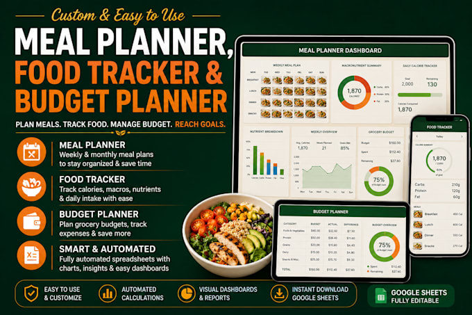create meal planner spreadsheet, food tracker and budget planner
