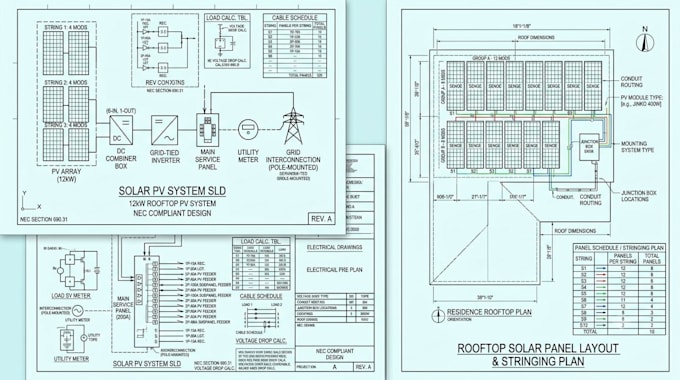 design solar panel layout sld and electrical permit drawings in autocad