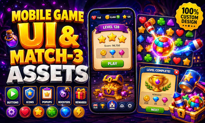 design mobile game UI and match 3 game assets UI UX