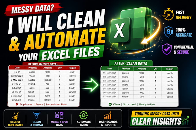 clean messy excel data, remove duplicates, and fix errors