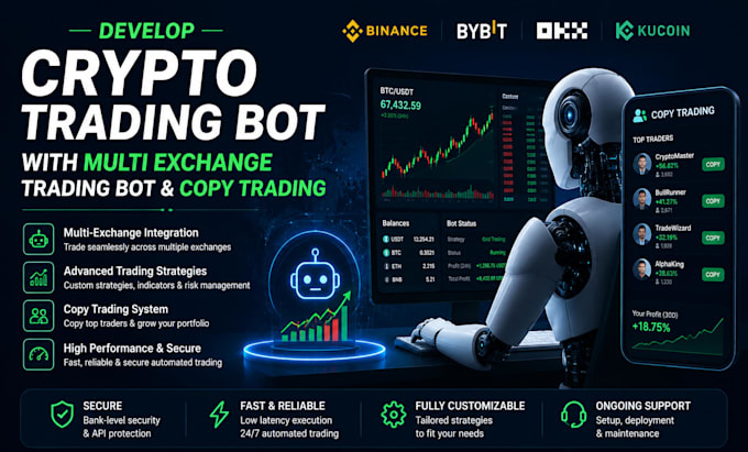 develop crypto trading bot with multi exchange trading bot and copy trading
