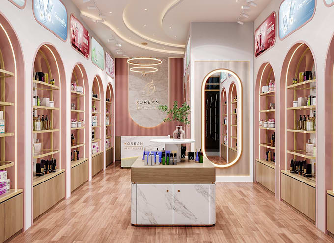 create luxury cosmetic shop interior with 3d rendering