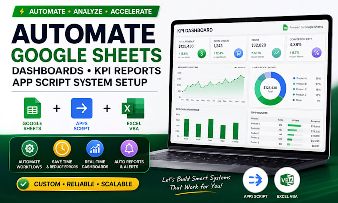 automate goggle sheets dashboards KPI report, app script system setup, excel CSV