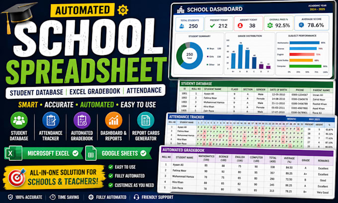 Creating A Spreadsheet For Student Database And Generating Report Create automated school spreadsheet student database excel gradebook ...