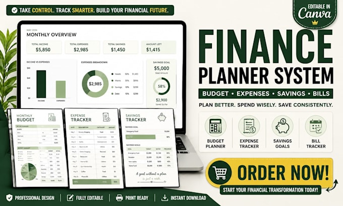design a structured budget planner for savings and expenses tracking in canva