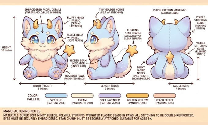 design custom plush reference sheet tech pack stuffed animal toy or ych concept