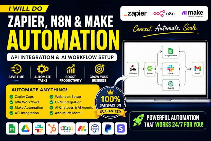 do zapier, n8n and make automation, API integration and ai workflow setup