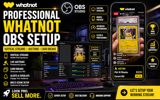setup full obs studio for whatnot vertical streams, auctions, and card breaks