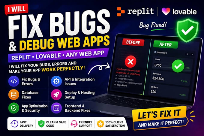 develop and fix bugs in replit lovable bolt vibe coded web apps