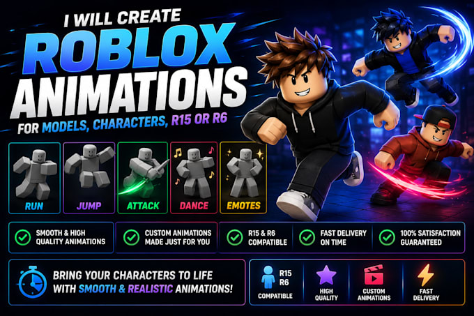 create roblox animation for model, character, r15, r6 ,roblox combat,vfx effect