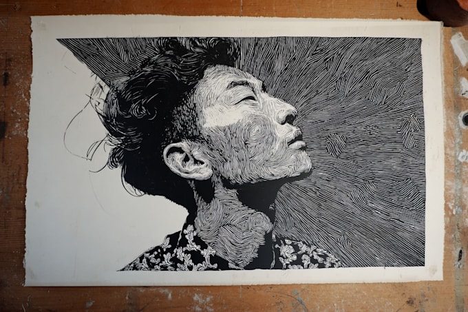 draw a portrait drawing in linocut illustration