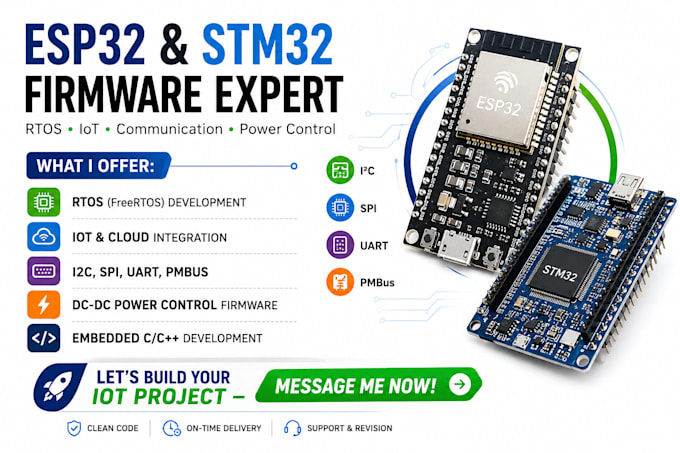 esp32 stm32 firmware development rtos, i2c, spi, uart pmbus iot dc dc controller