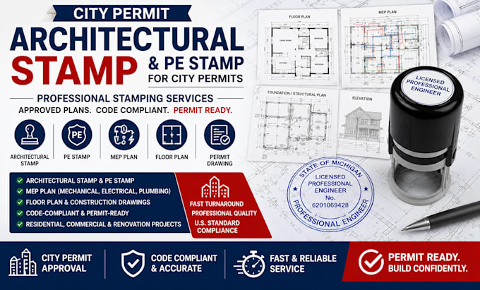 Do city permit architectural stamp,pe stamp, mep plan, floor plan ...