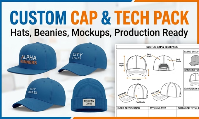 design custom hats, caps, beanies with tech pack and mockup