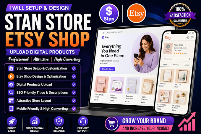 setup and design stan store, esty shop, upload digital products on stan store