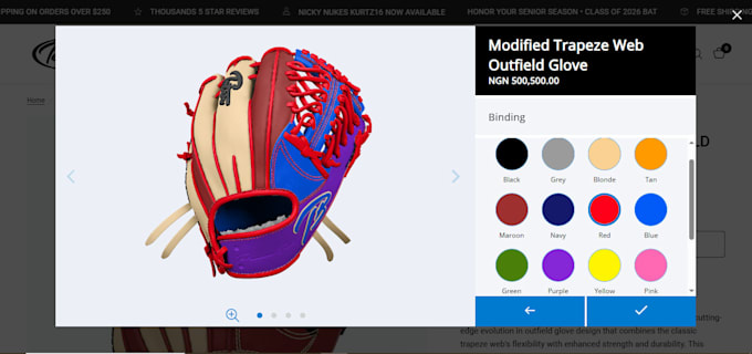 custom baseball and softball glove configurator in 2d or 3d for e commerce store