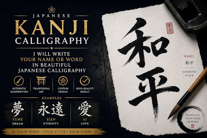 write japanese kanji calligraphy and translate your name or word