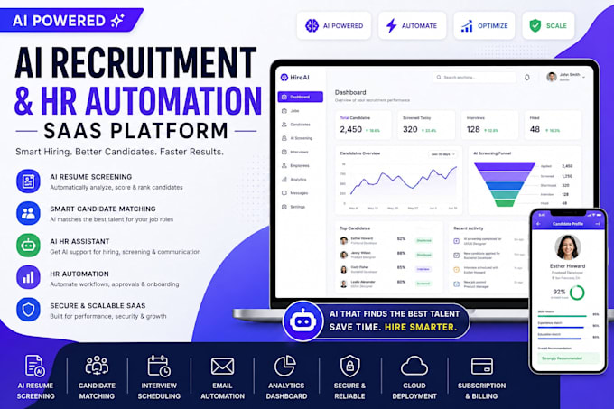 develop saas ai powered recruitment website, HR automation, ai resume screening