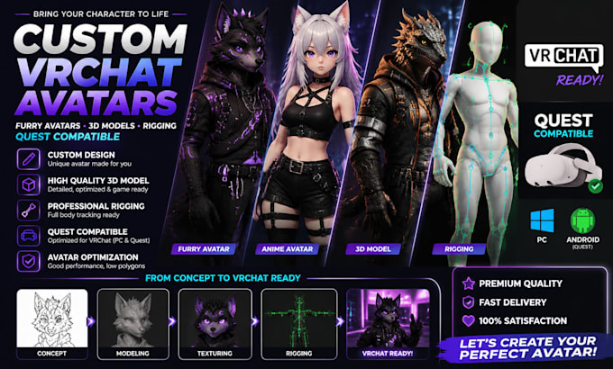 do vrchat avatars, furry avatars, 3d models, rigging, and quest compatible